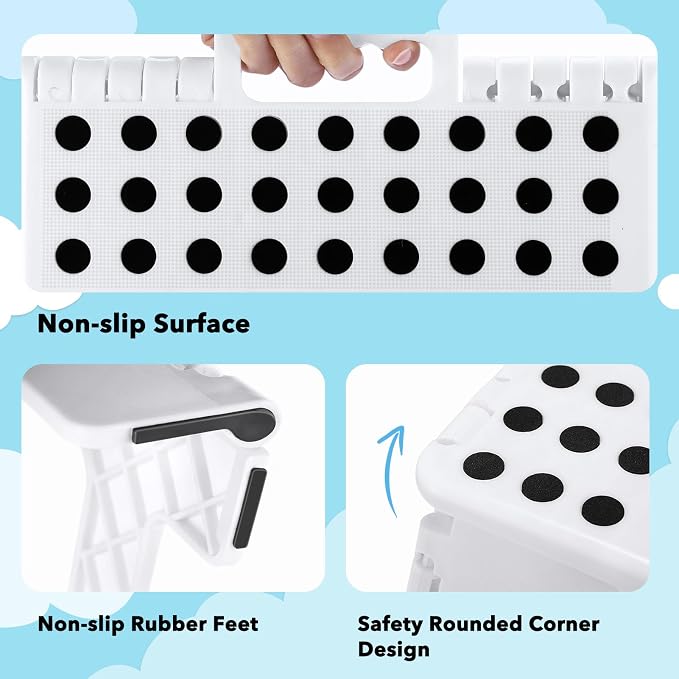 ACKO 9 Inch Folding Step Stool, Non-Slip Foldable Stools for Kids, White | Heavy Duty Collapsible Foot Stool, Lightweight, Holds 300lb for Toddler/Adults Kitchen Bathroom Bedroom Outdoor, with Handle