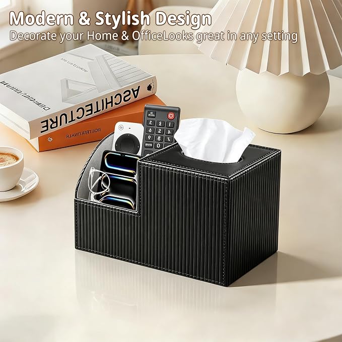 PU Leather Square Tissue Box Cover - Multi-Functional Tissue Box Holder, Tissue Box Cover with Storage,Tissue and Remote Control Holder, Cube Tissue Box Organizer Bedroom Nightstand End Table