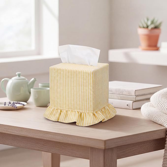 Sawysine Yellow White Striped Fabric Tissue Box Cover Summer Theme Ruffled Square Napkin Holder Fresh Style Decorative Sleeve for Home Bedroom Bathroom Kitchen Office Indoor Home Summer Decor