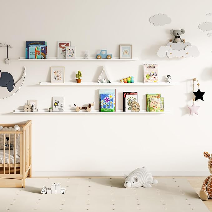 Floating Picture Ledge Shelves for Wall Set of 2, 72 Inches Picture Ledge Shelf with Long Large Nursery Book Shelf for Toys Storage Kids Bookshelf Wall Mounted Living Room Bedroom Decor Frames, White