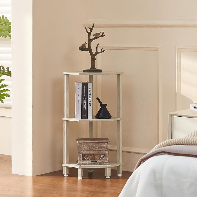 YUFAM 3-Tier Corner Shelf, Grey White | Wooden Small Corner Table with Sturdy 5-Leg Base, Wooden Corner Bookshelf for Adjustable Base