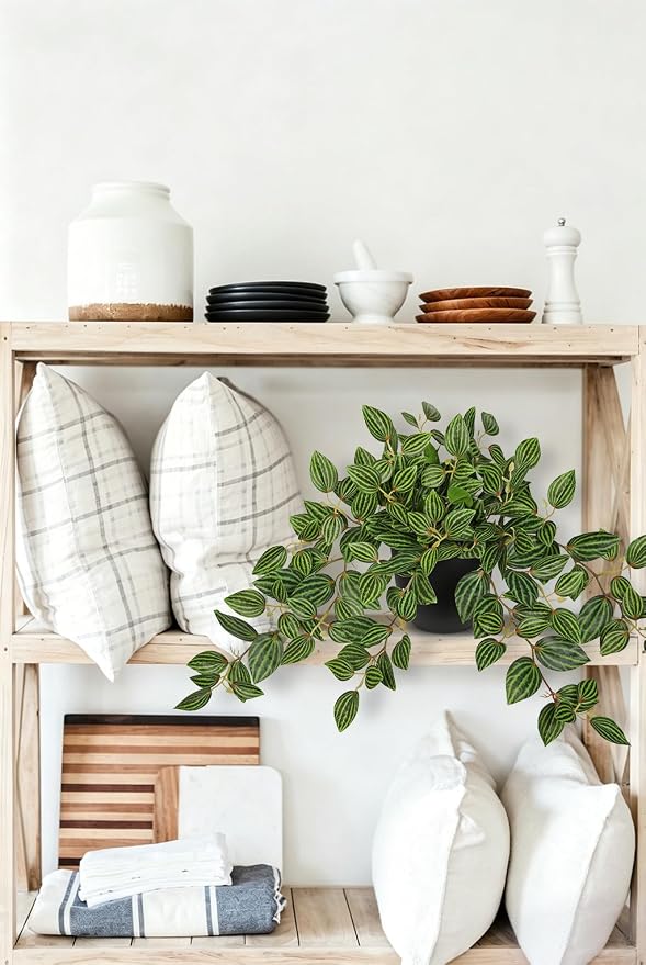 Briful Artificial Potted Plant Indoor, 19.6" Faux Watermelon Peperomia Trailing Plant in Black Pot, Realistic Fake Plants with Cascading Green Leaves for Shelf Bathroom Office Desk Kitchen Home Decor