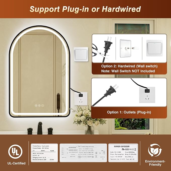 24x36 Inch Arched Black Framed LED Bathroom Mirror with Lights, Built-in Bluetooth Speaker,Tempered Glass,Dimmable Lighted Bathroom Vanity Mirror with 3 Colors, Backlit + Frontlit, Memory, Anti-Fog