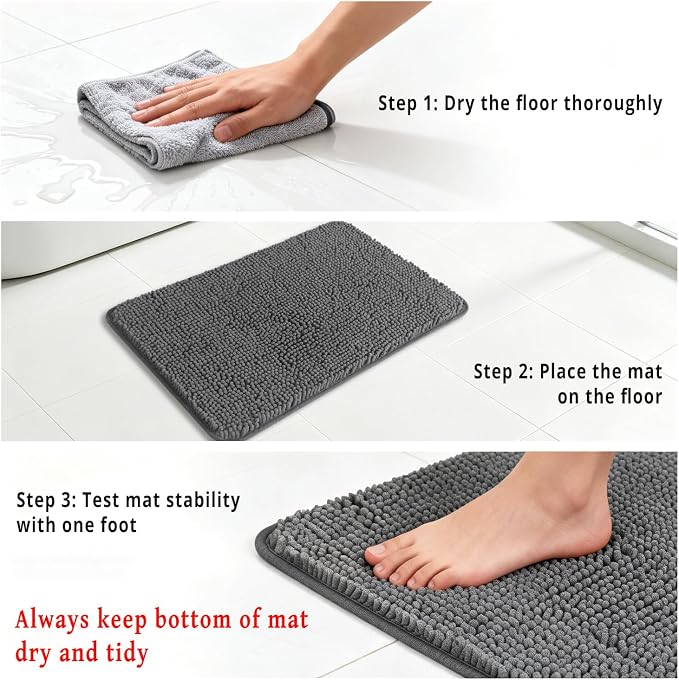 Small Bathroom Rug 12"x18" – Washable and Absorbent Bath Mat, Non Slip, Thick Soft Chenille Bath Rugs for Bathroom, Shower, Sink, Dog mat(Light Blue)