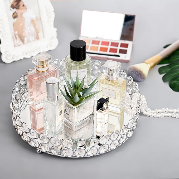Feyarl Crystal Perfume Tray Cosmetic Makeup Vanity Tray Jewelry Trinket Organizer Mirrored Decorative Tray for Home Deco Christmas Birthday Gift(Round 10" inch) (Silver)