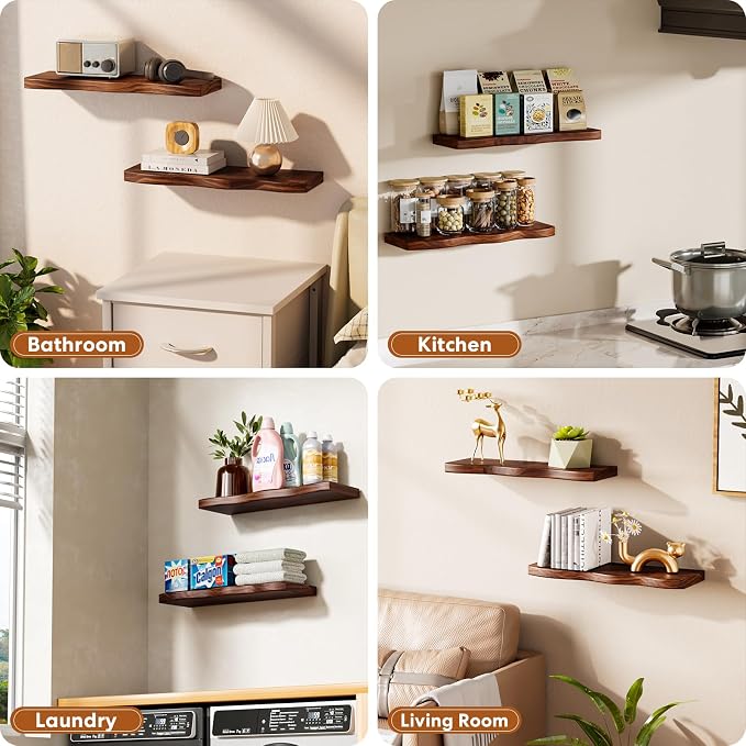 Brown Walnut Finish Floating Shelves with Hidden Bracket, Organic Wavy Edge Wall Shelves, Jointed Solid Pine Construction,Rustic Wall Decor for Living Room & Bathroom (Set of 2-24"