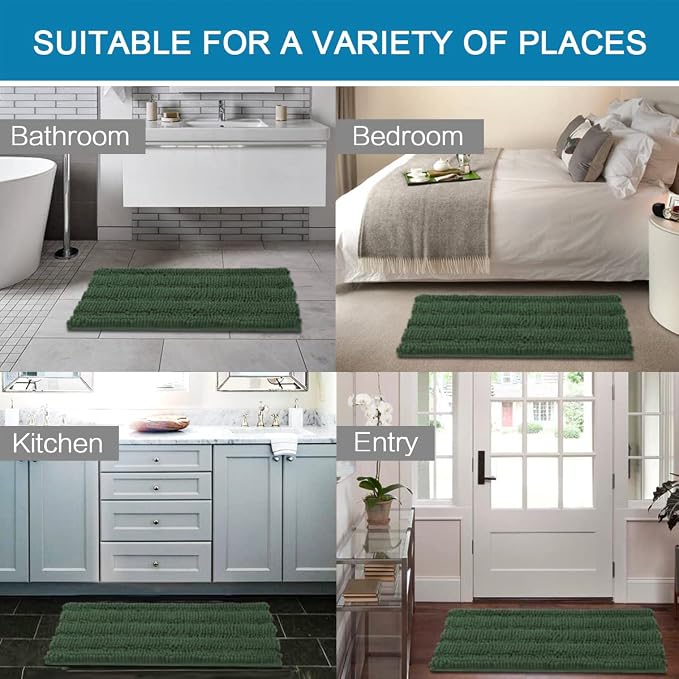 H.VERSAILTEX Extra Thick Chenille Striped Pattern Bath Rugs for Bathroom Non Slip - Soft Plush Shaggy Mats Floor, Indoor Entryway (Bronze Green, 32 x 20 Plus 24 17 Inches)