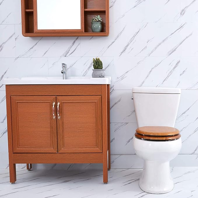 Angel Shield Elongated Toilet Seat Wood Veneer Natural Soft Close | Quick Release Metal Hinges, Adjustable Fit for Standard Elongated Toilets, Easy to Install&Clean