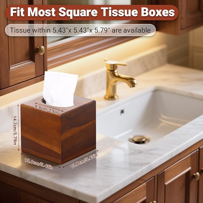 2 Pack Wooden Tissue Box Cover Square - Acacia Wood Tissue Box Holder for Tabletop Stands Bathroom Office- Decorative Facial Wood Tissue Box Cover for Modern Farmhouse Decor (Walnut)