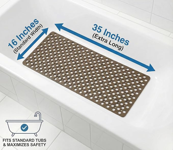 Nonslip Bath Tub Shower Mat with Suction Cups, Extra Soft TPE Bath Mat for Kids, Bathtub Bathroom Mats, Machine Washable, Smooth/Non-Textured Tubs Only, 35L x 16W Inch(Brown)