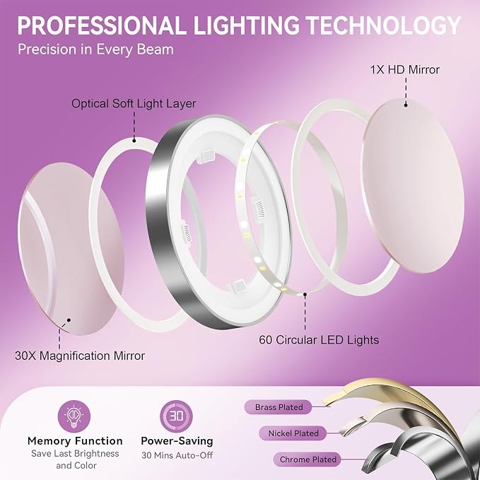 Auxmir 9" 5000mAh Magnifying Mirror, 1X/30X Lighted Makeup Mirror | rechargeable battery, 3 dimmable colors, 14.9-18.5" adjustable height, 360ยฐ rotation, stable base, 30X magnification