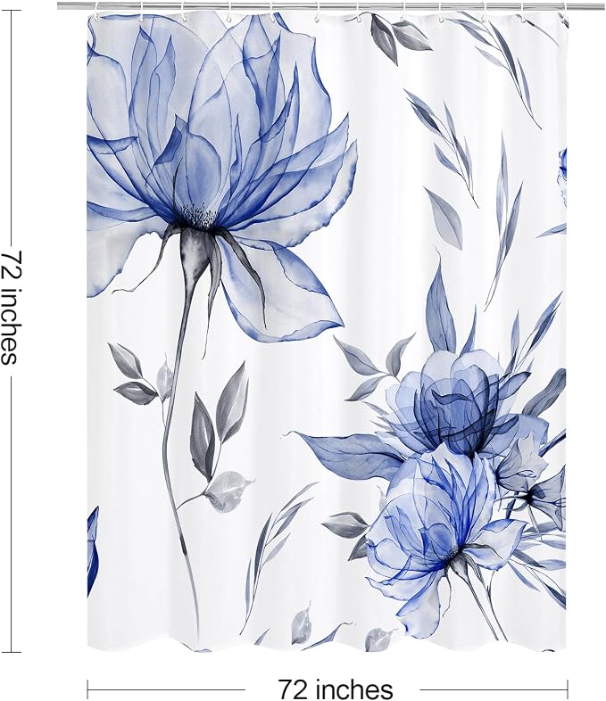 Litabel Dark Blue Boho Watercolor Floral Shower Curtain, Ink Painting Style Blossom & Leaf Shower Curtains for Chic Elegant Bathroom, Artistic Fabric Cloth Modern Flower Shower Curtain, 72x72