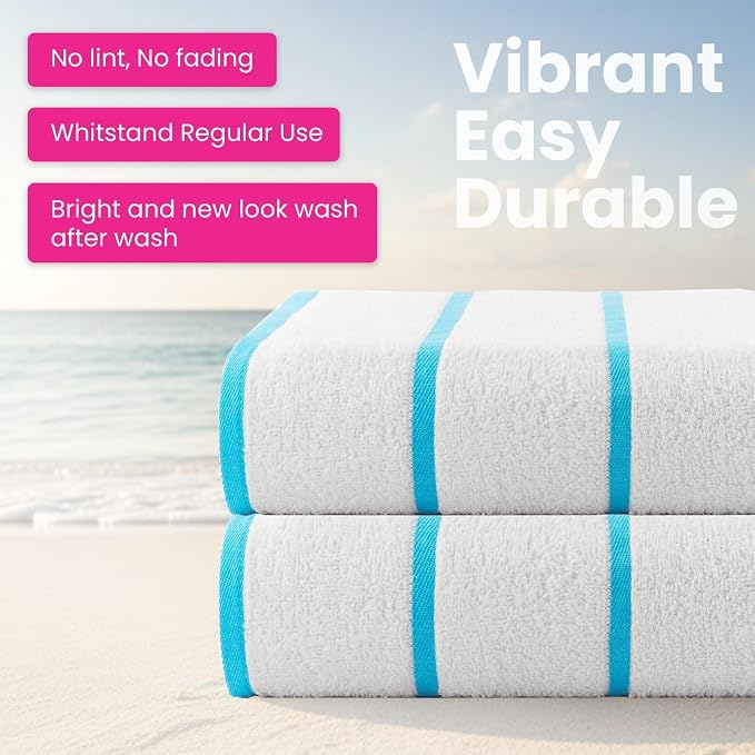 CASA COPENHAGEN Cabana Pool 2Pcs 100% Egyptian Cotton XL Designer Bathsheet Beach Towels Gift Set- White Turquoise, 500GSM, 35"x70" Bath Sheet Beach Towels (Box Pack, Set for Women & Men)