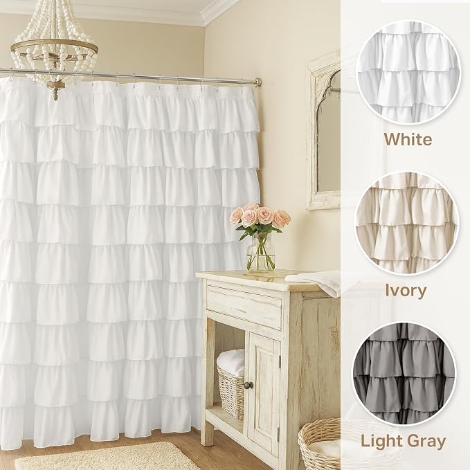 White Ruffle Shower Curtain Farmhouse Style Shower Curtain, 72" x 72" | Cascading full-length fabric tiers, soft dimensional texture, vintage shabby chic styling for decorative bathroom updates