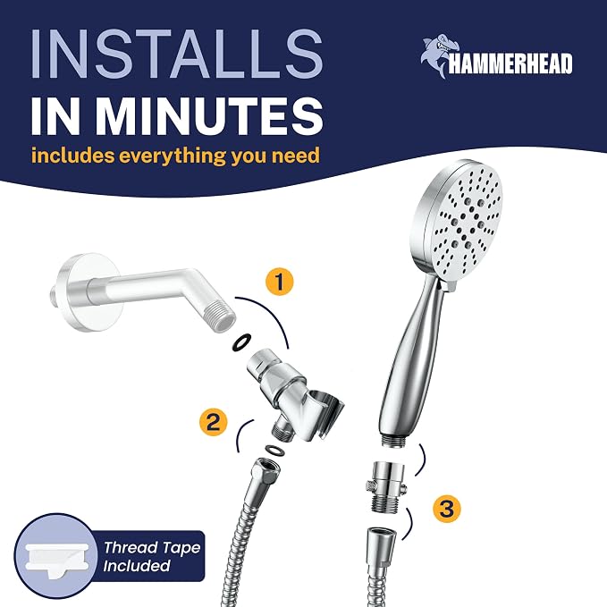 HammerHead Showers® Solid Metal 3-Spray Handheld Shower Head with Extra Long Hose and Shutoff Valve – Chrome - Perfect Dog Shower Head Attachment with 3 High Pressure Sprays - 2.5 GPM