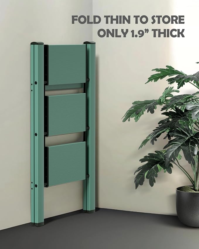 Taranta 3 Step Stool Foldable,Aluminum Step Ladder-Green | Lightweight,Wide Anti-Slip Pedals,Folding Step Stool,330lbs Capacity Stepladder for Household,Kitchen,Office
