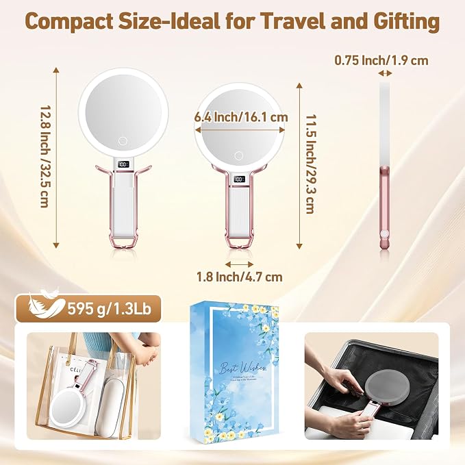30X Travel Magnifying Mirror with Light, Height Adjustable Vanity Mirror with Phone Holder Stand, Portable Compact Handheld Makeup Mirror with Smart Display for Travel, Daily Makeup Use, Rosegold