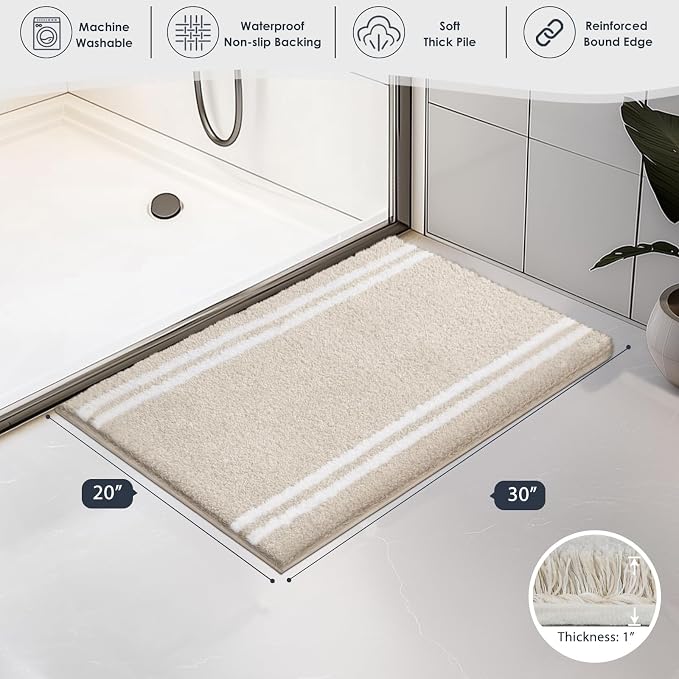 PURRUGS Bathroom Rug, Bath Mat, 20" x 30", Beige | Machine Washable, Non-Slip, Waterproof TPR Backing, Super Absorbent, Quick Dry, Bath Rug for Shower, Bathtub, and Sink