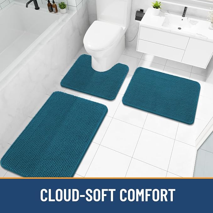Arotive Chenille Bathroom Rugs 47x24, Soft Absorbent Bath Mat, Peacock Blue | Rubber Backing, Machine Washable Dry Bath Mats for Bathroom Floor, Tub and Shower, Home Decor Accessories