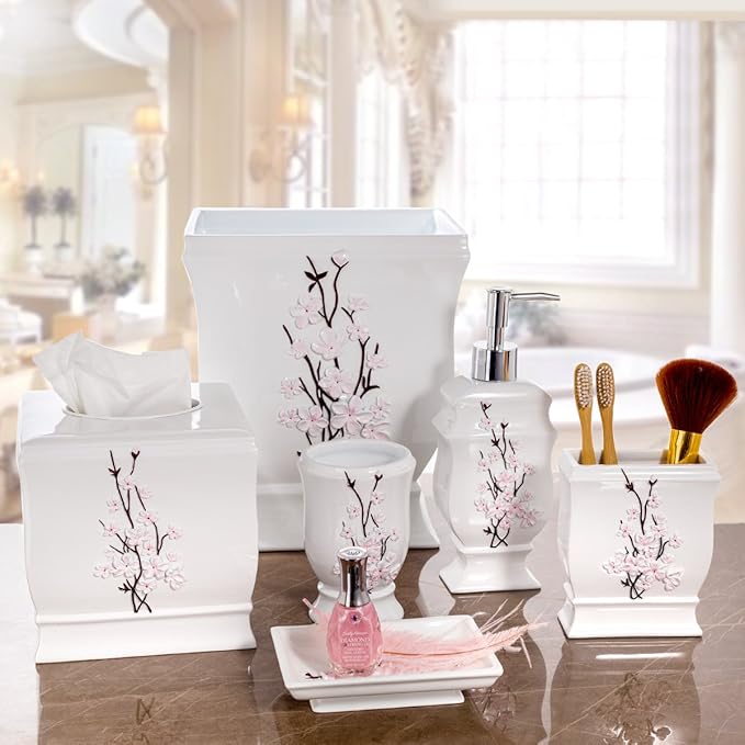 Creative Scents Vanda Rectangle Tissue Box Cover with Bottom Slider | White Tissue Box Holder Rectangular Cherry Blossom Design White Bathroom Accessories Decor