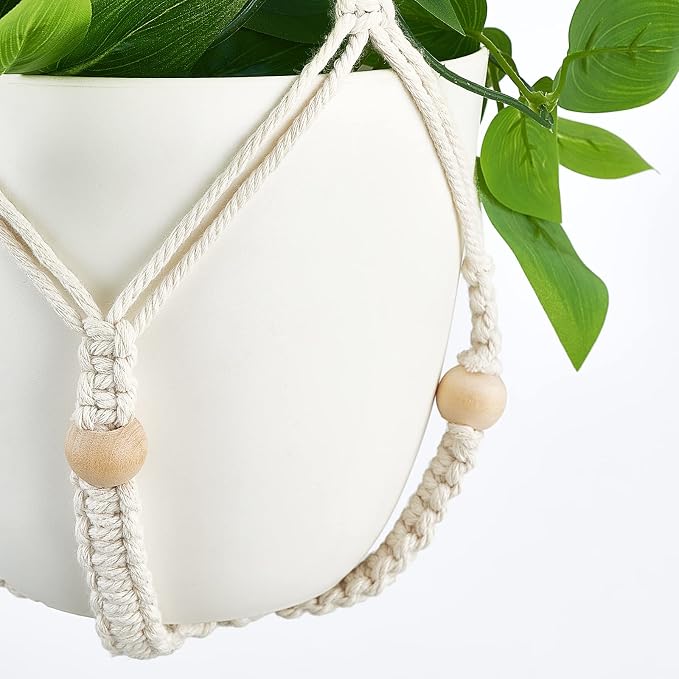 Mkono Fake Hanging Plant, Macrame Hanger with Pothos Vines & Pot, Ivory | Artificial Hanging Plants for Home Decor Indoor, Realistic Look, Perfect for Bedroom Bathroom Kitchen Office Boho Display