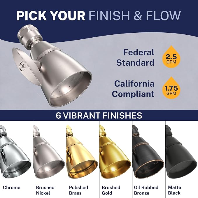 HammerHead Showers® SOLID METAL 2 Inch High Pressure Shower Heads BRUSHED NICKEL – California Compliant 1.75 GPM Low Flow Rate - High Flow Shower Head with ADJUSTABLE SPRAY PATTERN - Fixed Shower Head