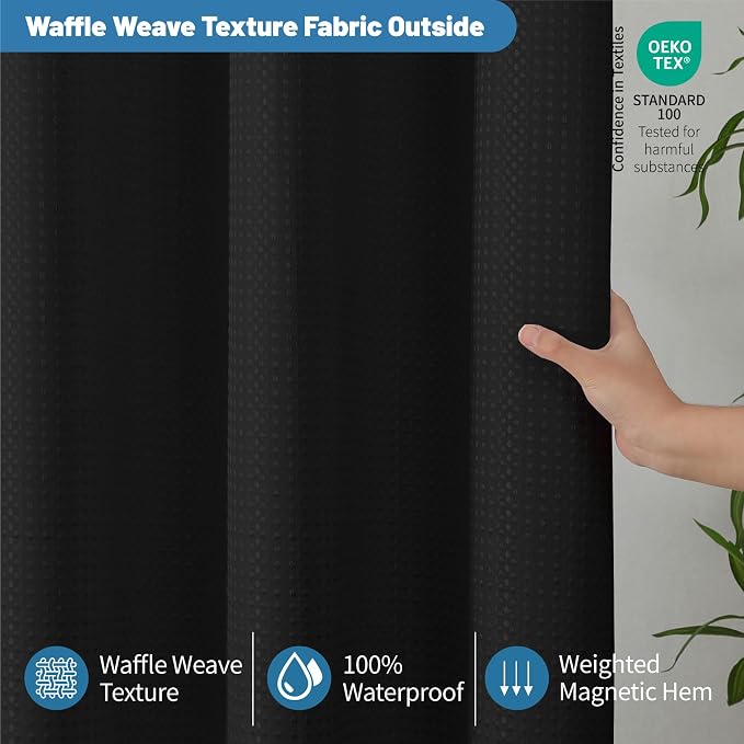 2-in-1 Waterproof Fabric Shower Curtain - No Separate Liner Needed, Hotel-Style Waffle Weave, Effortless Cleaning & Washable Bathroom Shower Curtain Set,72Wx84H,Black