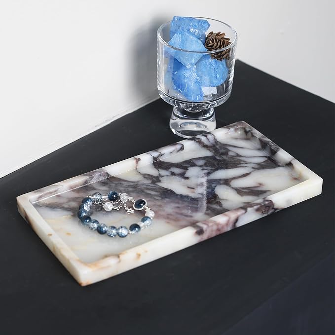 100% Natural Marble Tray, 10"x5" Calaccata Viola Vanity Tray | Luxury Marble Decorative Tray, Small Hand Towel Tray Holder Organizer, Hand-Polished, Easy to Clean, Natural Stone Tray
