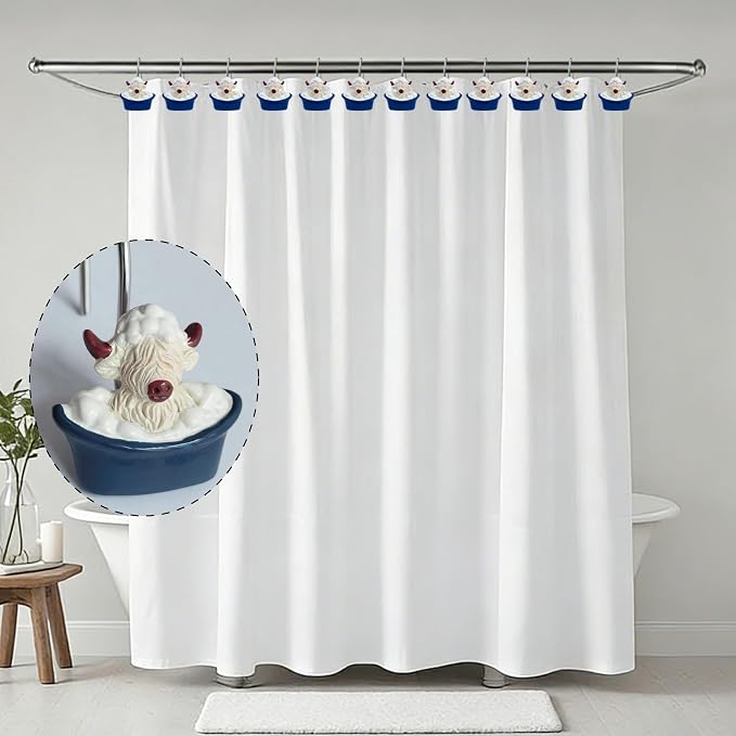 12 Pcs Funny Theme Highland Cow Shower Curtain Hooks for Bathroom Decor | Western Rustic Farmhouse Ring Hangers Bathtub Rust Resistant Highland Cow Decor for Vintage Cowboy Resin Stainless Steel Hook