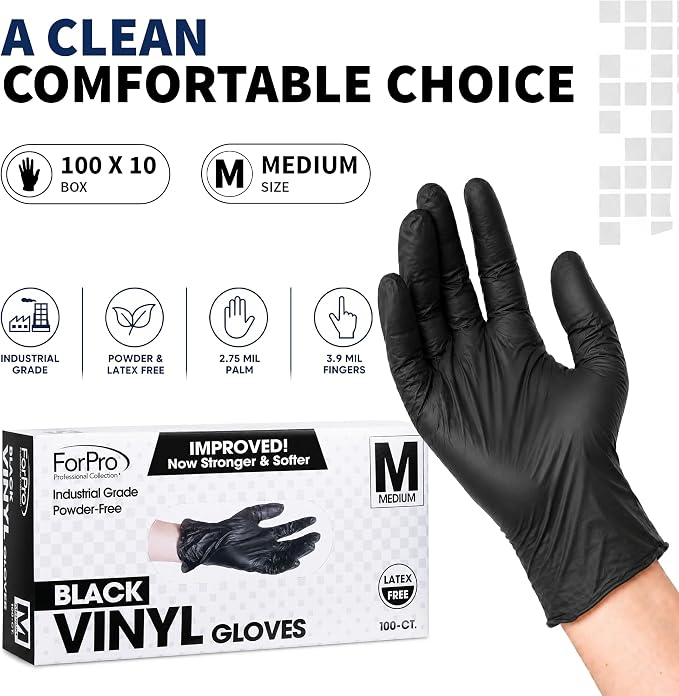 ForPro Disposable Vinyl Gloves, Industrial Grade, Powder & Latex Free, Non-Sterile, Food Safe, 2.75 Mil Palm, 3.9 Mil Fingers