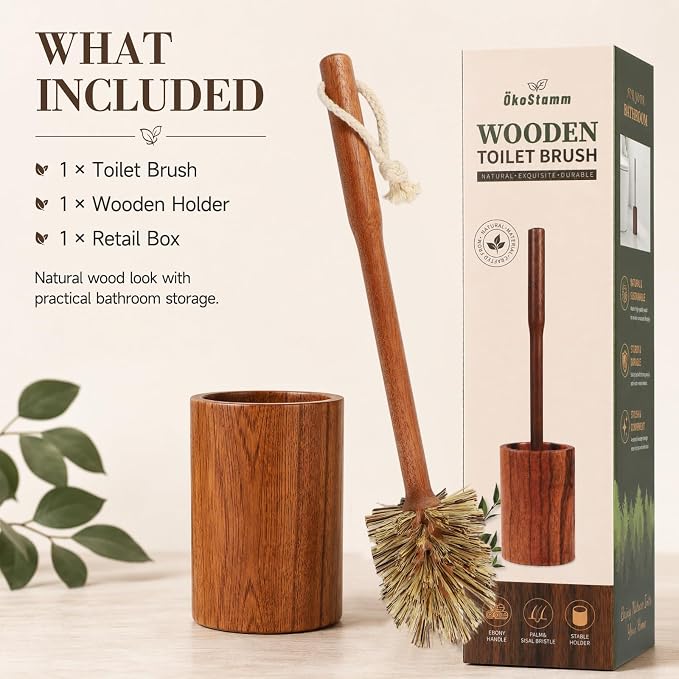 Wooden Toilet Brush and Holder, 13.9'' Long Handle Toilet Scrubber | Durable Ebony Wood, Natural & No Plastic, Moderate Hardness Bristles, No scratch, Stable Holder, Decoration for Bathroom
