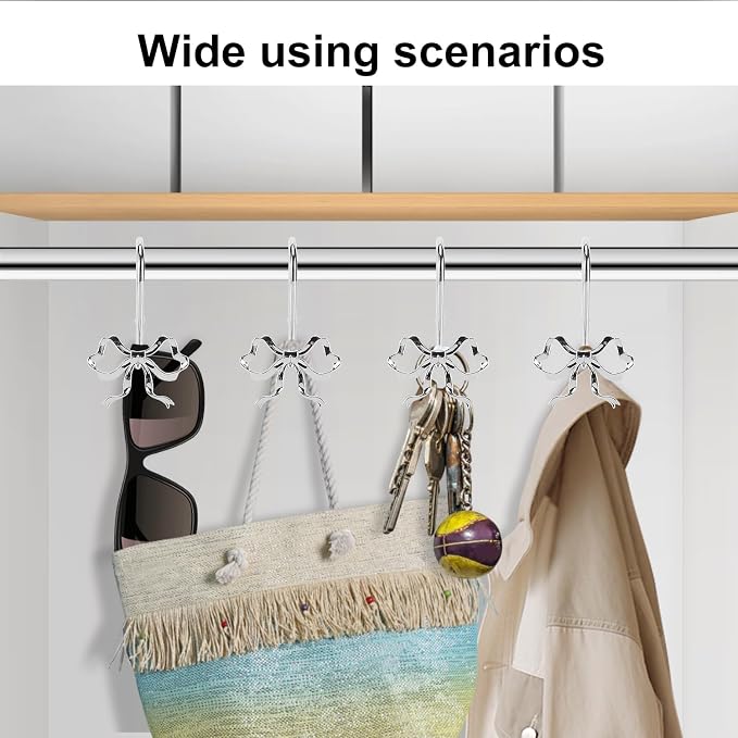 Bow Shower Curtain Hooks, 12-Pack Silver Metal Decorative Bow Knot Rings | Rust-resistant metal rings with silver bow knot accents add decorative charm to bathrooms, guest baths