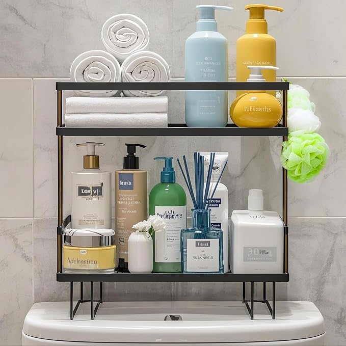 ShellKingdom Over The Toilet Storage Shelf, 2 Tier Toilet Paper Holder Rack | Punch-Free Bathroom Storage Rack with 2 Hooks, Small Space Organizers for Bathroom, Home, Black