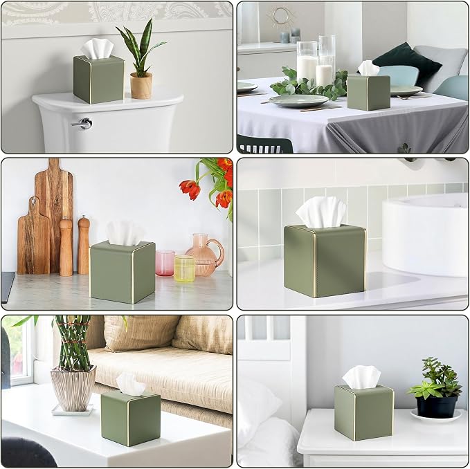 Sumnacon PU Square Tissue Box Cover, Magnetic Bottom, Waterproof,Dark Green | Stylish Cube Tissue Box Holder with Gold Edging Fits Vanity, Toilet Tank, Dresser, Nightstand, Table, Countertop, Office, Car