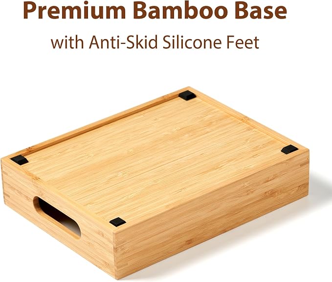 Bamboo Food Container Lid Organizer for Kitchen Cabinet and Drawer | Adjustable Slots - Premium Bamboo, Pretty Color - Sturdy Versatile Caddy for Snack, Spice - Anti-Skid Silicone Pads