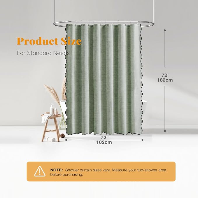 Sage Green Boho Scalloped Linen Textured Cloth Shower Curtain, 72x72 | 230GSM Waterproof Polyester, Heavy Duty Fabric, 12 Plastic Hooks, Modern Farmhouse Style, Machine Washable, Bathroom Decor