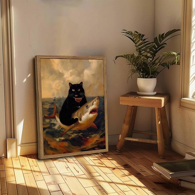 Funny Black Cat Riding Shark Wall Art Whimsical Bar Cart Wall Decor Picture Eclectic Shark Ocean Poster Canvas Painting Prints for Bedroom Living Room 16x24 inch Framed