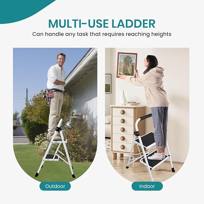OLIXIS 2 Step Ladder, 330lbs Foldable Step Stool with Anti-Slip Pedal | Heavy Duty Portable Stepping Stool with Sturdy Steel Ladder & Comfortable Handrail, for Kitchen, Garage, Outdoor Use - Black