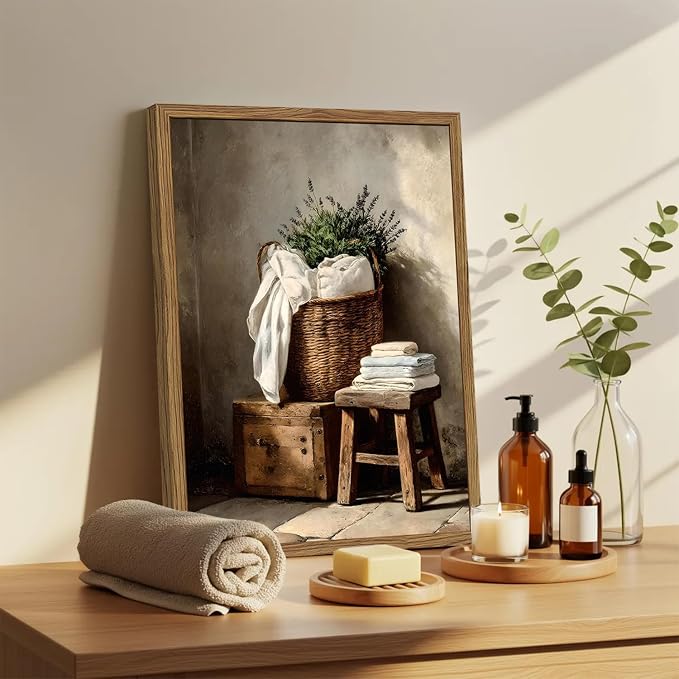 Vintage Laundry Room Wall Art Rustic Laundry Basket Bathroom Wall Decor Poster Country Farmhouse Wildflower Canvas Painting Print 12x16 inch Wood Framed