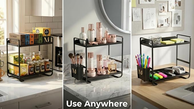 2 Tier Bathroom Countertop Organizer with Side Caddy, Black and Gold Metal Bathroom Organzier, Slim Counter Storage Rack for Vanity (Matte Black)