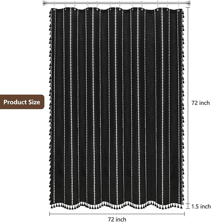 Seenus Country Farmhouse Shower Curtain Heavyweight with Tassels, Soft Linen Textured Thick Fabric Shower Curtain Black White Striped, 72 x 72 Inch Vintage Boho Bathroom Shower Curtain Water Repellent