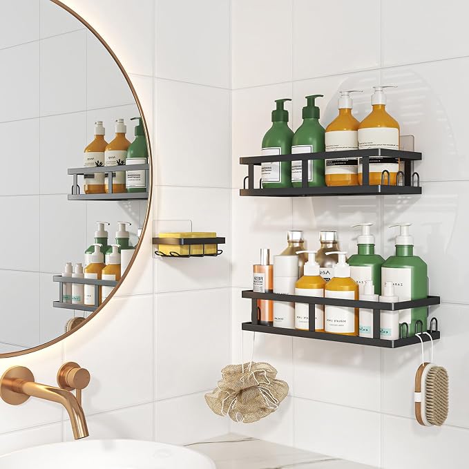 Youvip Shower Caddy, Black, Adhesive No Drill Bathroom Organizer | Soap Holder, Large Capacity, Rustproof Shelves, Inside Shower