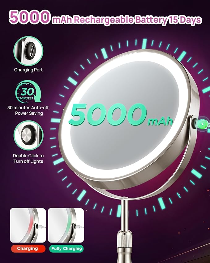 30X Magnifying Mirror with Lights, 8" Height Adjustable Makeup Mirror | Rechargeable 5000mAh, 30x Double Sided, 3 Color Lights + Dimmable, Nickel – Modern Magnifying Mirror for Bathroom Desk