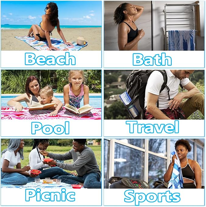 Widdonen Microfiber Beach Towel,Compact 2 Pack-71x32 Inch with Bag Travel | Extra Large,Lightweight,Thin,Sand Free,Quick Dry,Absorbent.Packable for Camping,Swim,Pool,Bath,Picnic,Cruise Essentials Gift