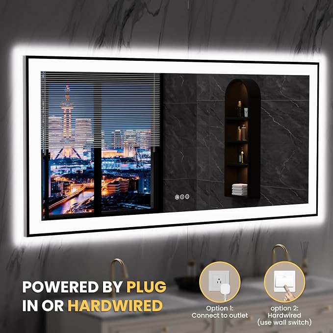 LOAAO 60"X30" LED Bathroom Mirror Black Framed | Anti-Fog, Dimmable, Memory Function, Tempered Glass, Lighted Vanity Mirror for Wall