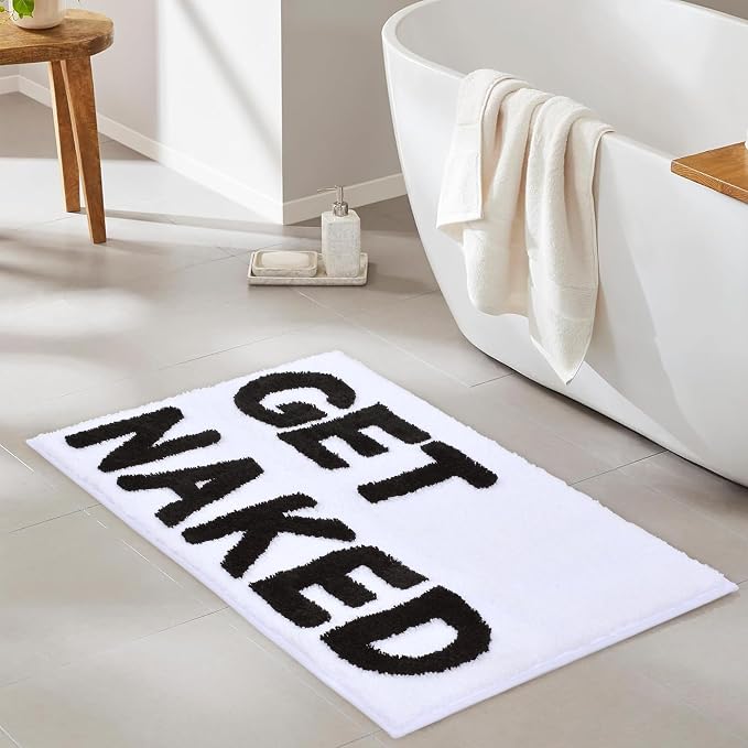 Zeeinx Get Naked Bath Mat Cute Long Bathroom Rugs White,18”x47” | Non Slip Absorbent Microfiber Machine Washable White Cute Bath Mat for Tub and Shower Funny Apartment Decor
