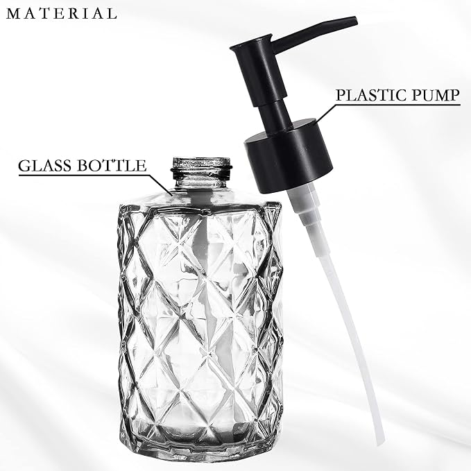 2Pcs Clear Glass Soap Dispenser with Pump, 11oz Diamond Design Refillable Soap Dispenser for Hand Wash, Dish Wash for Dishwashing Liquid, Lotions, Essential Oil