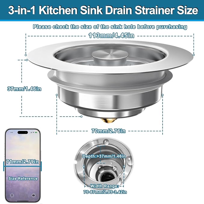 Sink Drain Strainer 3 in 1, 304 Stainless Steel Pop Up Kitchen Sink Stopper with Anti-Clogging Basket, Kitchen Essential Drain Anti-Clog Gadgets, Fits US Standard 3-1/2'' Sink Drain (Silver, 2 Pack)