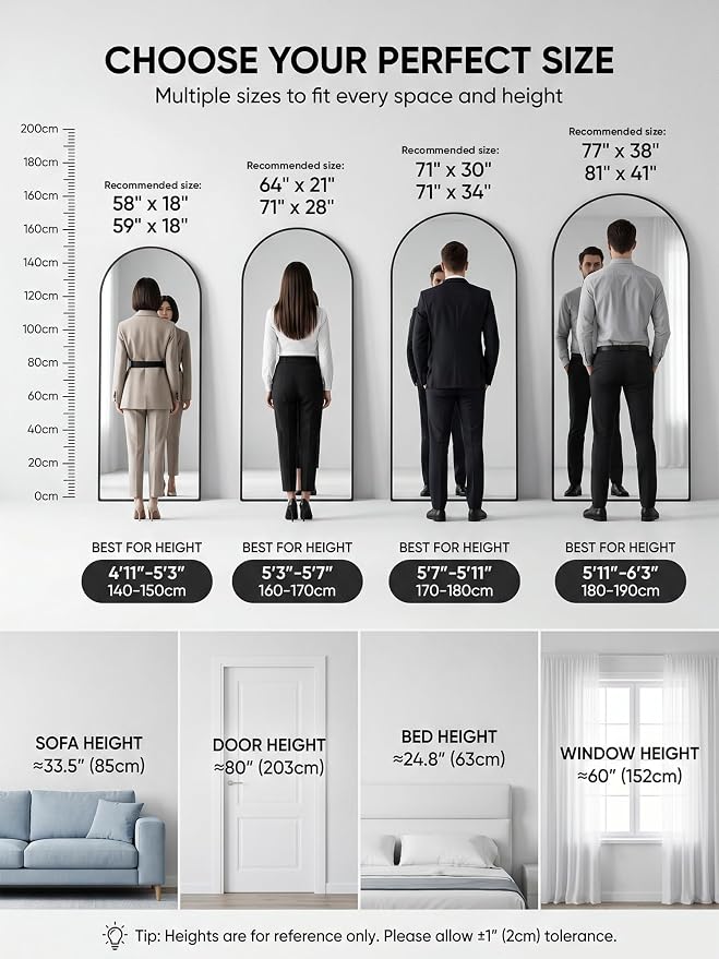 Full Length Mirror, 71" x 32" Arched Full Body Mirror Large Standing Floor Mirrors, Mirrors for Bedroom, Bathroom, Living Room Standing or Wall Leaning, Black