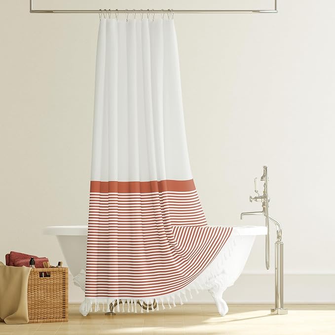 Orange Fabric Shower Curtain, Farmhouse Boho Striped Tassel Shower Curtain for Bathroom, Bohemian Textured Cloth Shower Curtain Set with Hook, Water Repellent, Wrinkle Free, 72x72